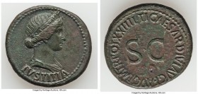 Tiberius (AD 14-37). AE dupondius (30mm, 15.04 gm, 6h). XF, tooled. Rome, AD 21-22. IVSTITIA, diademed, draped bust of Justitia right / TI CAESAR DIVI...