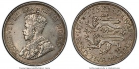 British Colony. George V 45 Piastres 1928 AU55 PCGS, KM19. Issued for the 50th anniversary of British rule in Cyprus. Small rim bump at 6 o'clock on r...