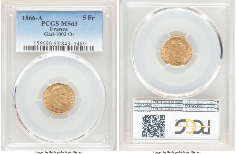 Napoleon III gold 5 Francs 1866-A MS63 PCGS, Paris mint, KM803.1, Gad-1002. AGW ...