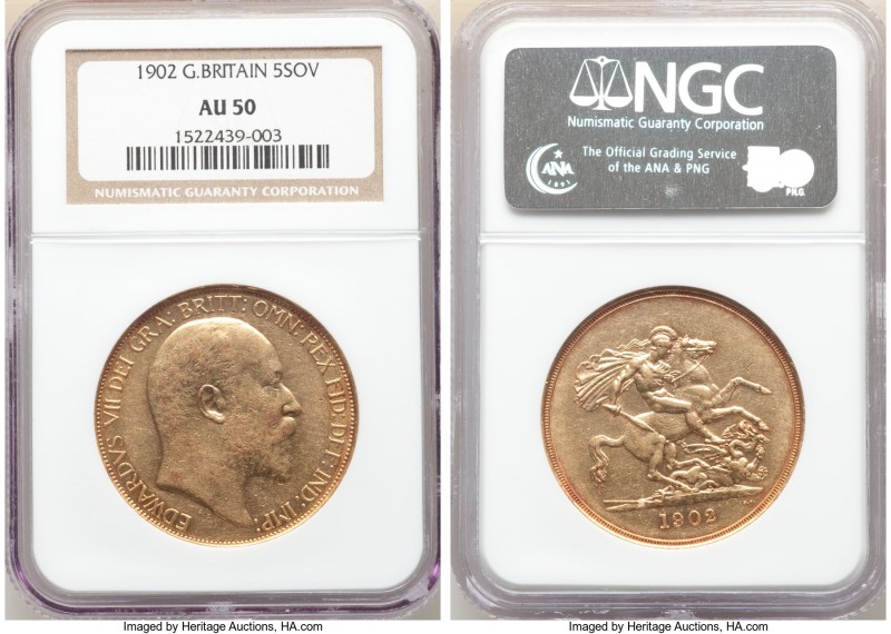 Edward VII gold 5 Pounds 1902 AU50 NGC, KM807, S-3965. Mintage: 35,000 of which ...