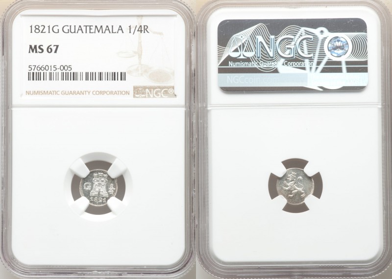 Ferdinand VII 1/4 Real 1821-G MS67 NGC, Nueva Guatemala mint, KM72. Reflective f...
