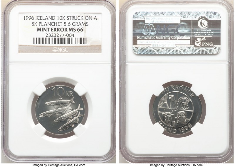 Republic Mint Error - Wrong Planchet 10 Kronur 1996 MS66 NGC, KM29.1a. Mint Erro...