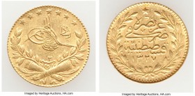 Ottoman Empire. Mehmed V gold 25 Kurush AH 1327 Year 2 (1910/1911) XF, Constantinople mint (in Turkey), KM752. 14.6mm. 1.81gm.

HID09801242017

© ...