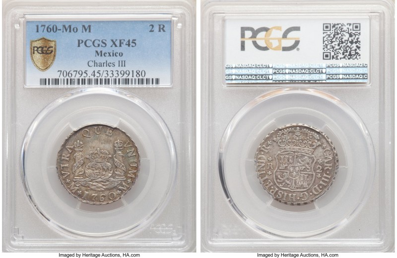 Charles III 2 Reales 1760 Mo-M XF45 PCGS, Mexico City mint, KM87. First year of ...