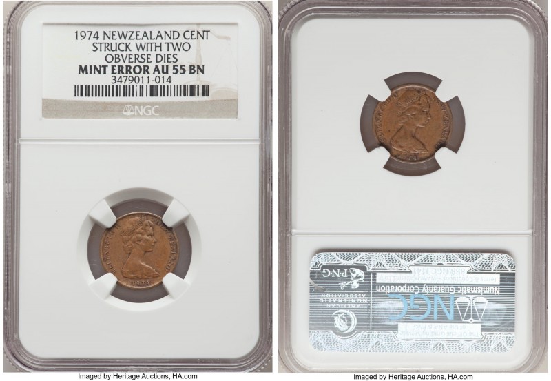 Elizabeth II Mint Error - Struck with Two Obverse Dies Cent 1974 AU55 Brown NGC,...