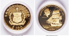 Republic gold Proof 100 Tala 1979, KM34. Mintage: 1,000. Issued for the Bicentenary of the Death of Capt. James Cook. Comes with box of issue and CoA....