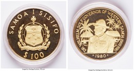 Republic gold Proof 100 Tala 1980, KM42. Mintage: 1,000. Governor Wilhelm Solf commemorative. Box of issue and CoA included. AGW 0.2211 oz. 

HID098...