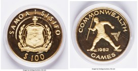 Republic gold Proof 100 Tala 1982, KM52. Mintage: 1,000. Commonwealth Games commemorative. Included with box of issue and CoA. AGW 0.2211 oz. 

HID0...