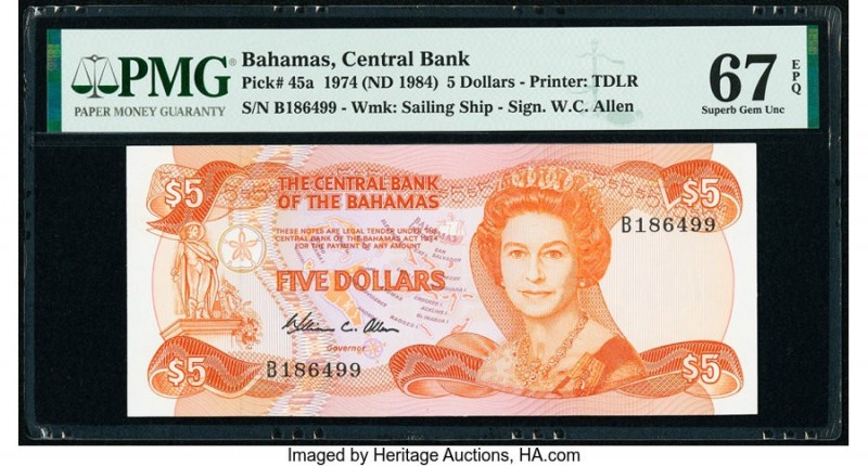 Bahamas Central Bank 5 Dollars 1974 (ND 1984) Pick 45a PMG Superb Gem Unc 67 EPQ...