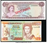 Bahamas Central Bank 20 Dollars 1974 (ND 1984) Pick 47s Specimen Crisp Uncirculated; Belize Central Bank 20 Dollars 1.10.2000 Pick 72 Crisp Uncirculat...