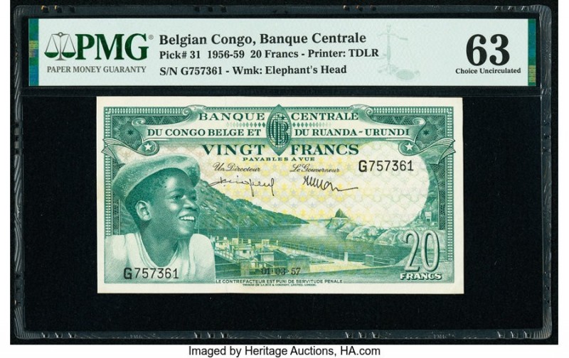 Belgian Congo Banque Centrale du Congo Belge 20 Francs 1.3.1957 Pick 31 PMG Choi...
