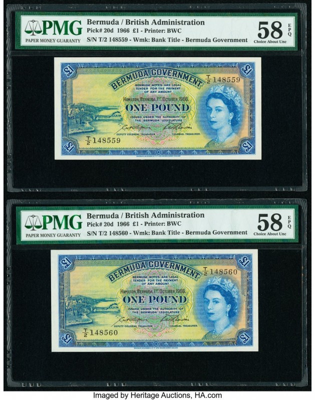 Bermuda Bermuda Government 1 Pound 1.10.1966 Pick 20d Two Consecutive Examples P...