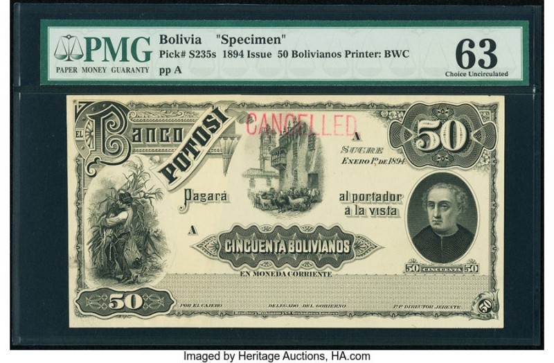 Bolivia Banco Potosi 50 Bolivianos 1.1.1894 Pick S235s Specimen PMG Choice Uncir...