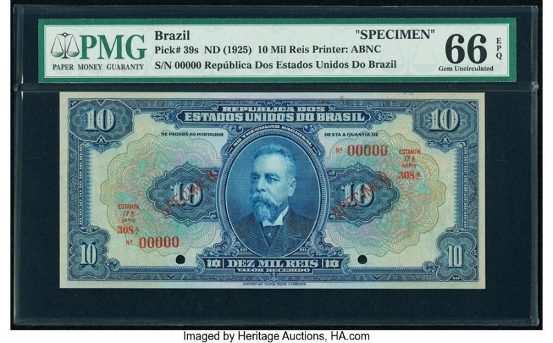 Brazil Republica dos Estados Unidos 10 Mil Reis ND (1925) Pick 39s Specimen PMG ...