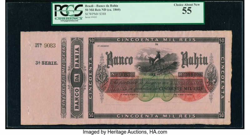 Brazil Banco da Bahia 50 Mil Reis ND (ca. 1860) Pick S388 PCGS Choice About New ...