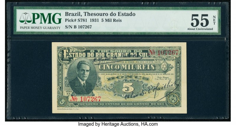 Brazil Thesouro Do Estado 5 Mil Reis 1.5.1931 Pick S781 PMG About Uncirculated 5...