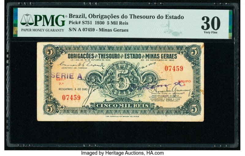 Brazil Obrigacoes do Thesouro do Estado 5 Mil Reis 20.11.1930 Pick S751 PMG Very...