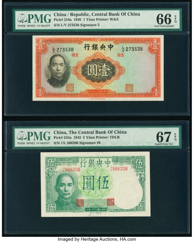 China Central Bank of China 1; 5 Yuan 1936; 1942 Pick 216a; 244a Two Examples PM...