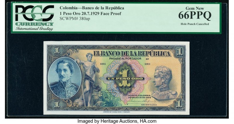 Colombia Banco de la Republica 1 Peso Oro 20.7.1929 Pick 380ap Front Proof PCGS ...