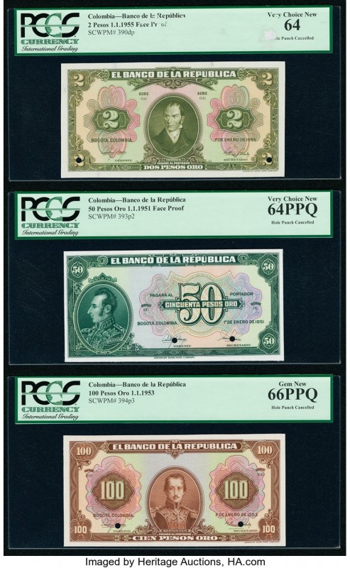 Colombia Banco de la Republica 2 Pesos; 50; 100 Pesos Oro 1.1.1955; 1.1.1951; 1....