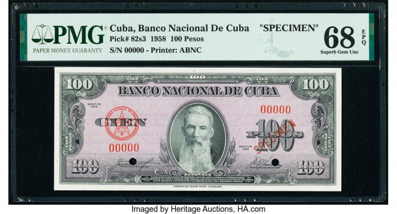 Cuba Banco Nacional de Cuba 100 Pesos 1958 Pick 82s3 Specimen PMG Superb Gem Unc...