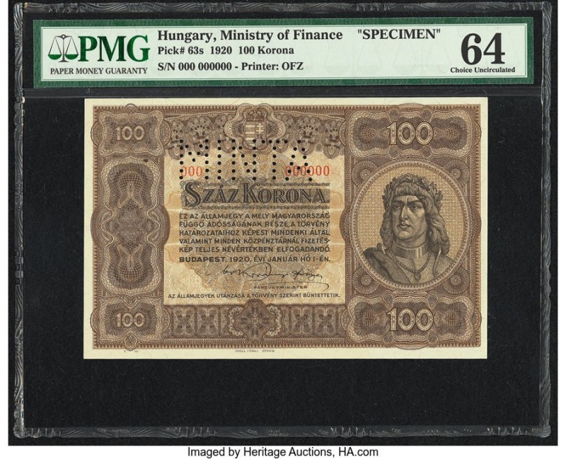 Hungary Ministry of Finance 100 Korona 1.1.1920 Pick 63s Specimen PMG Choice Unc...
