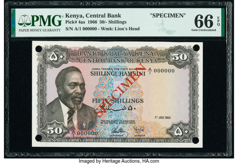 Kenya Central Bank of Kenya 50 Shillings 1.7.1966 Pick 4as Specimen PMG Gem Unci...