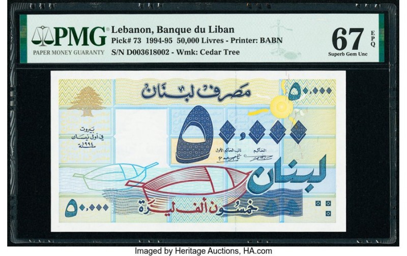 Lebanon Banque du Liban 50,000 Livres 1994-95 Pick 73 PMG Superb Gem Unc 67 EPQ....