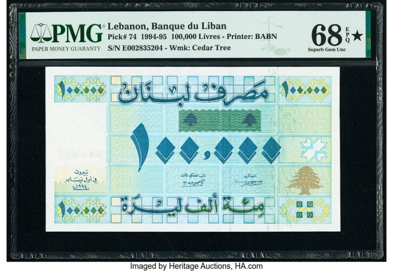 Lebanon Banque du Liban 100,000 Livres 1994-95 Pick 74 PMG Superb Gem Unc 68 EPQ...