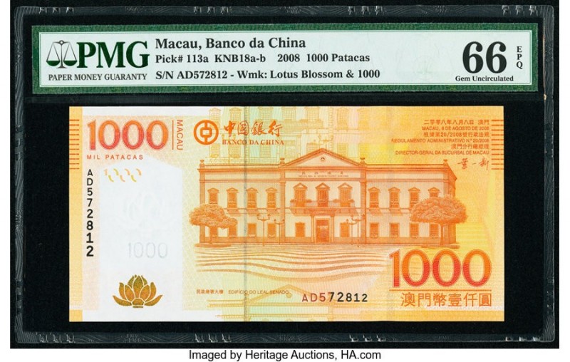 Macau Banco Da China 1000 Patacas 8.8.2008 Pick 113a KNB18 PMG Gem Uncirculated ...