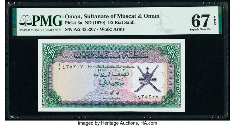 Oman Sultanate of Muscat and Oman 1/2 Rial Saidi ND (1970) Pick 3a PMG Superb Ge...