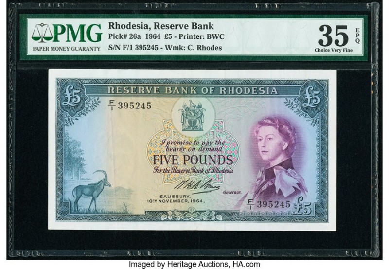 Rhodesia Reserve Bank of Rhodesia 5 Pounds 10.11.1964 Pick 26a PMG Choice Very F...