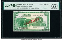 Sudan Bank of Sudan 50 Piastres 1967 Pick 7bs Specimen PMG Superb Gem Unc 67 EPQ. Red Cancelled overprints; roulette Specimen Punch.

HID09801242017

...