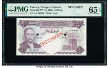 Tunisia Banque Centrale de Tunisie 1/2 Dinar ND (ca. 1958) Pick 57s Specimen PMG Gem Uncirculated 65 EPQ. Red Specimen overprint; two POCs.

HID098012...