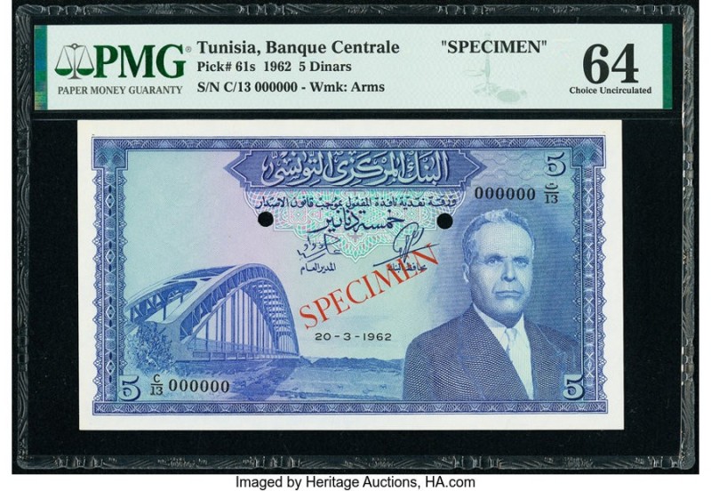 Tunisia Banque Centrale de Tunisie 5 Dinars 20.3.1962 Pick 61s Specimen PMG Choi...