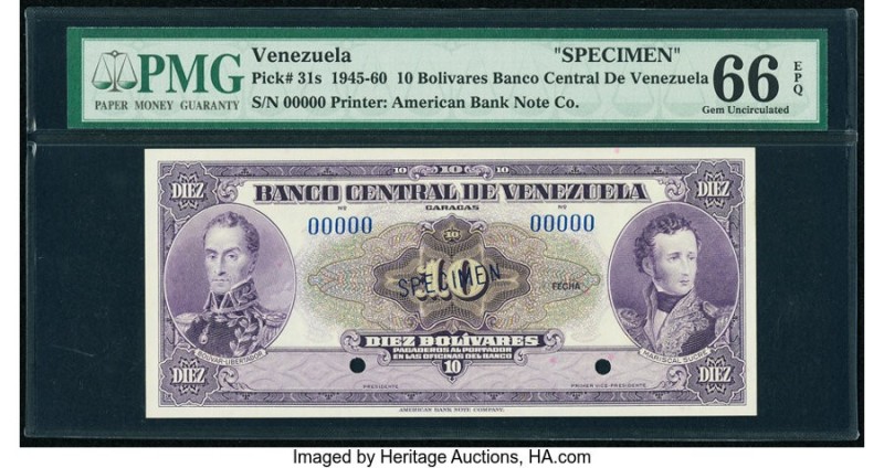 Venezuela Banco Central De Venezuela 10 Bolivares ND (1945-60) Pick 31s Specimen...