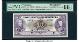 Venezuela Banco Central De Venezuela 10 Bolivares ND (1945-60) Pick 31s Specimen PMG Gem Uncirculated 66 EPQ. Specimen overprints; two POCs; pencil an...