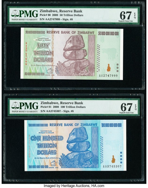 Zimbabwe Reserve Bank of Zimbabwe 50; 100 Trillion Dollars 2008 Pick 90; 91 Two ...