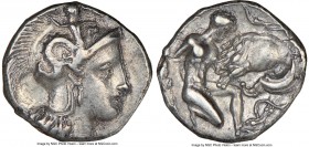 CALABRIA. Tarentum. Ca. 380-280 BC. AR diobol (12mm, 6h). NGC XF. Head of Athena right, wearing crested Attic helmet decorated with figure of Scylla h...