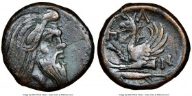 CIMMERIAN BOSPORUS. Panticapaeum. 4th century BC. AE (21mm, 6h). NGC VF. Head of bearded Pan right / Π-A-N, forepart of griffin left, sturgeon left be...