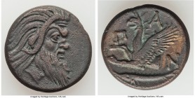CIMMERIAN BOSPORUS. Panticapaeum. 4th century BC. AE (21mm, 7.24 gm, 11h). VF Head of bearded Pan right / Π-A-N, forepart of griffin left, sturgeon le...