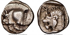 MYSIA. Cyzicus. Ca. 5th century BC. AR obol (9mm, 6h). NGC Choice XF. Forepart of boar left, tunny upward behind / Head of lion left; retrograde K in ...