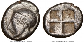 IONIA. Phocaea. Ca. late 6th-early 5th centuries BC. AR diobol or hemidrachm (10mm). NGC Choice VF. Archaic styled female head left, wearing helmet or...