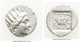 CARIAN ISLANDS. Rhodes. Ca. 88-84 BC. AR drachm (15mm, 2.43 gm, 12h). XF. Plinthophoric' coinage, Menodorus, magistrate. Radiate head of Helios right ...