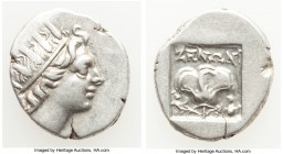 CARIAN ISLANDS. Rhodes. Ca. 88-84 BC. AR drachm (16mm, 2.30 gm, 1h). Choice VF. Plinthophoric standard, Zenon, magistrate. Radiate head of Helios righ...
