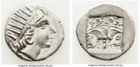 CARIAN ISLANDS. Rhodes. Ca. 88-84 BC. AR drachm (16mm, 1.92 gm, 12h). XF. Plinthophoric standard, Philon, magistrate. Radiate head of Helios right / Φ...