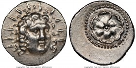 CARIAN ISLANDS. Rhodes. Ca. 84-30 BC. AR drachm (19mm, 4.18 gm, 12h). NGC Choice AU 5/5 - 4/5. Radiate head of Helios facing, turned slightly right, h...