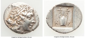 LYCIAN LEAGUE. Cragus. Ca. 48-20 BC. AR hemidrachm (16mm, 1.95 gm, 12h). AU. Series 1. Laureate head of Apollo right; Λ-Y below / K-P, cithara (lyre);...