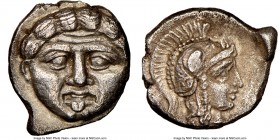 PAMPHYLIA. Aspendus. Ca. 4th century BC. AR obol (10mm, 2h). NGC AU. Head of gorgoneion facing with protruding tongue / Head of Athena right, wearing ...
