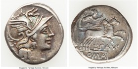 L. Saufeius (ca. 152 BC). AR denarius (18mm, 3.87 gm, 8h). VF. Rome. Head of Roma right, wearing winged helmet decorated with griffin crest, pendant e...